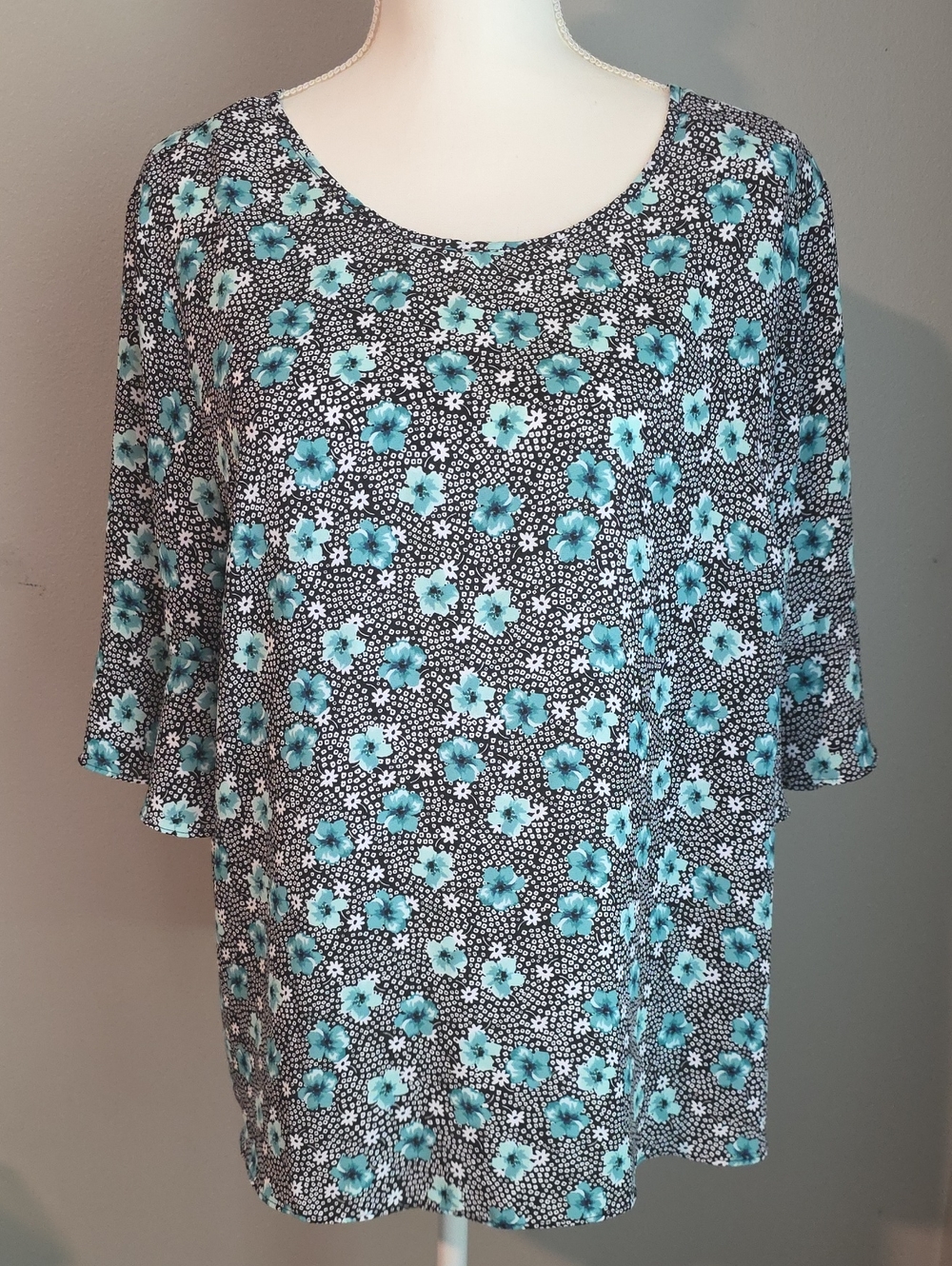 Elle Black Floral Blouse with Teal Blue Blooms Size XL